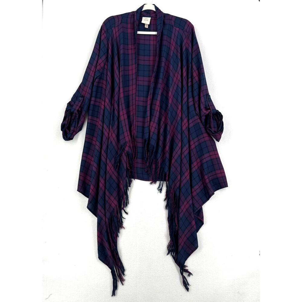 Knox Rose Kimono Womens XXL Purple Plaid Fringe Handkerchief Hem Boho Cardigan